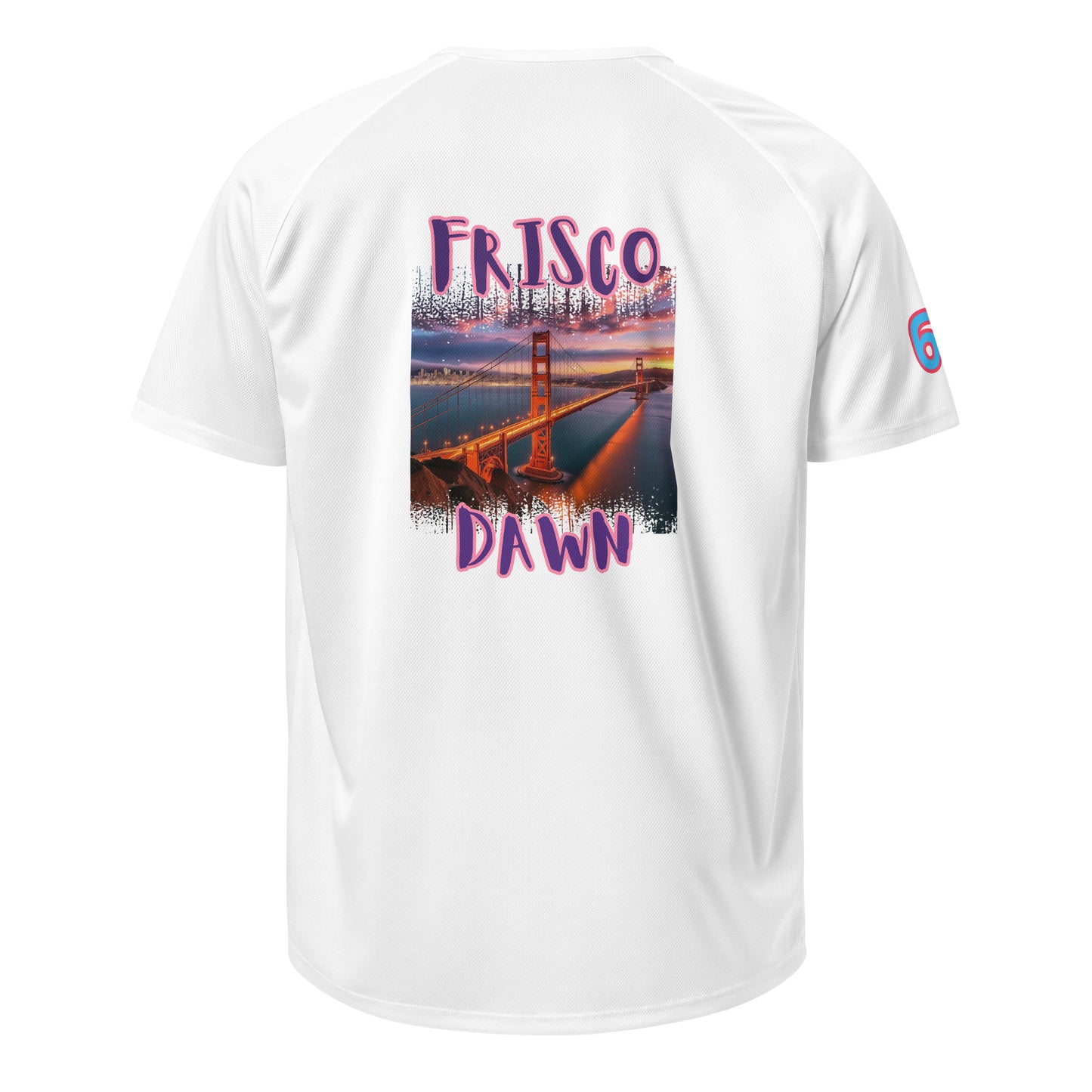 White sports jersey with Frisco Dawn back print and “6” sleeve graphic