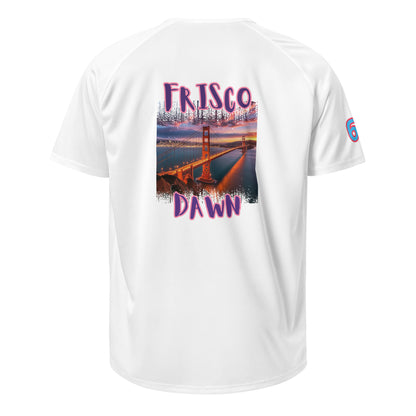White sports jersey with Frisco Dawn back print and “6” sleeve graphic