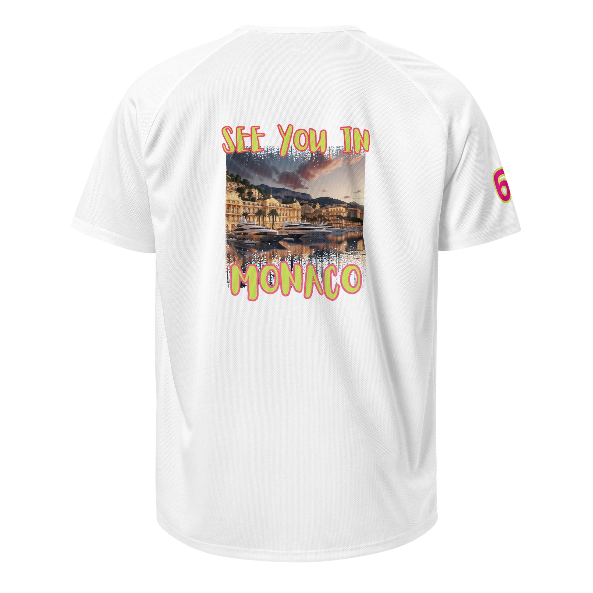 AW Monaco sports jersey in white, back print “See you in Monaco” with “6” sleeve detail.