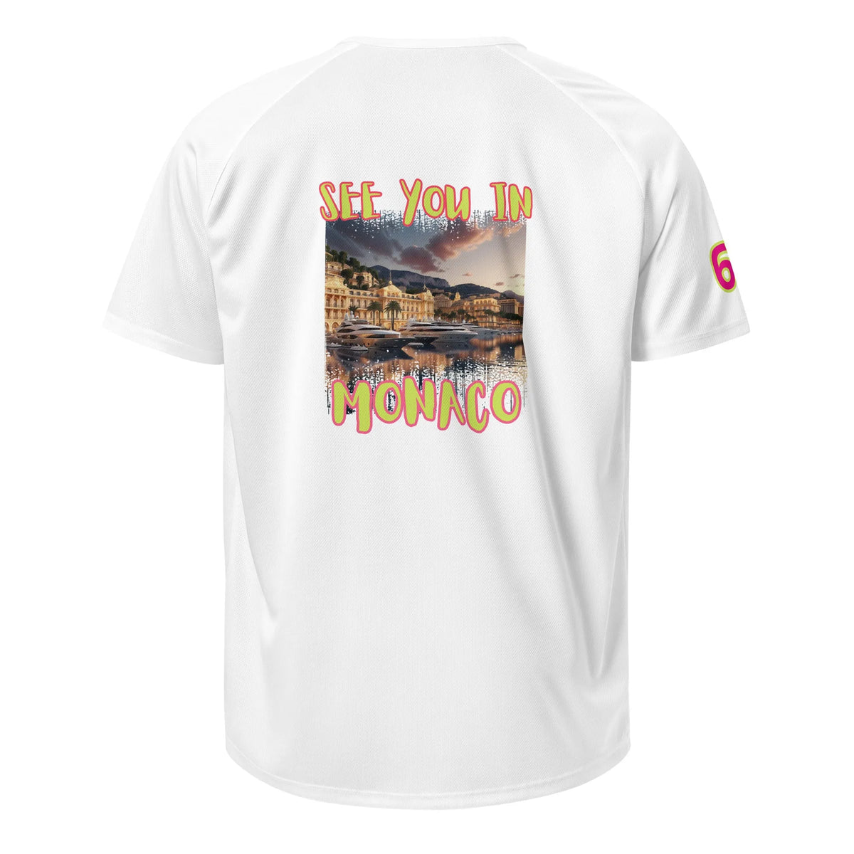 AW Monaco sports jersey in white, back print “See you in Monaco” with “6” sleeve detail.