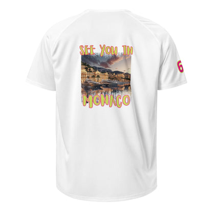 AW Monaco sports jersey in white, back print “See you in Monaco” with “6” sleeve detail.