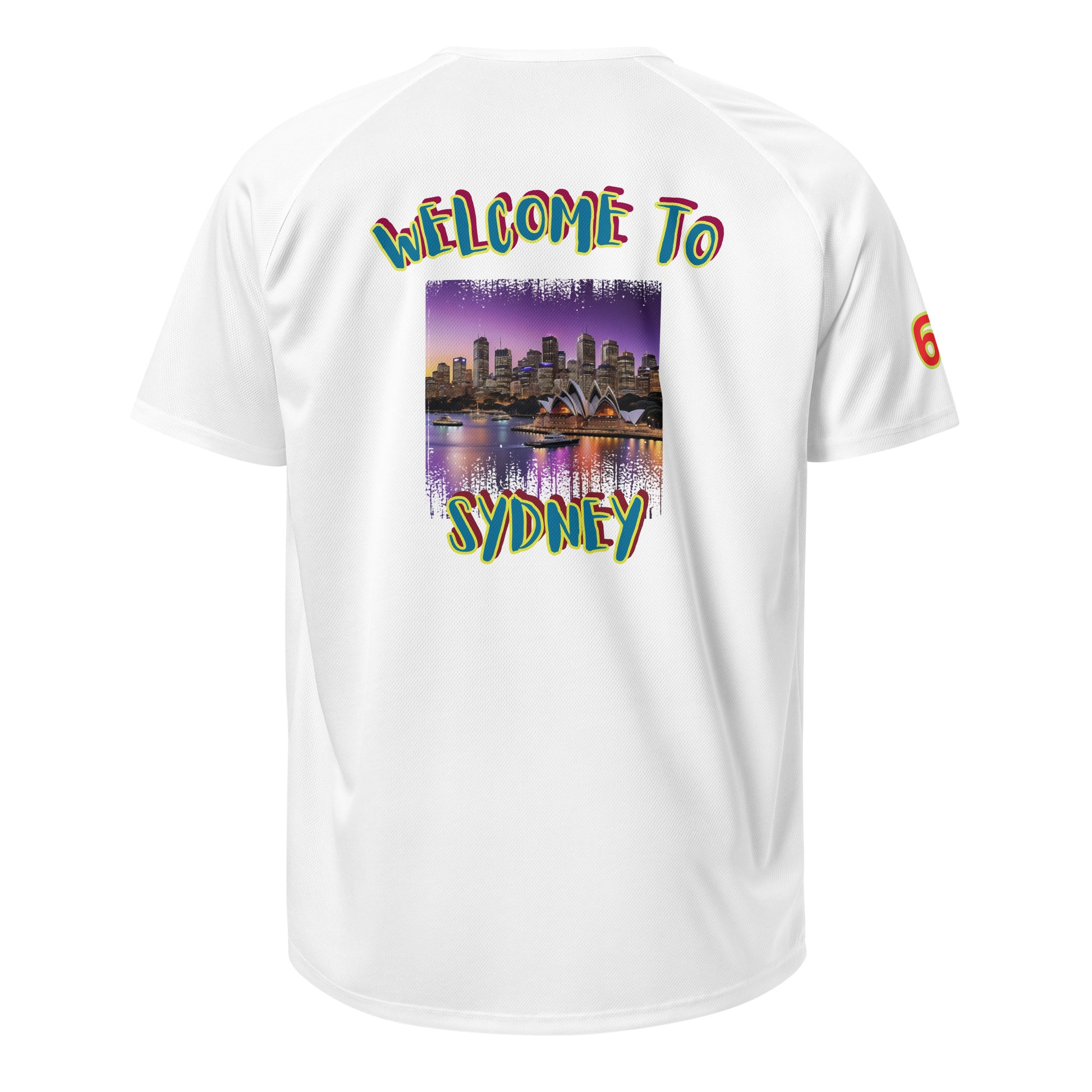 AW Sydney sports jersey in white, back with “WELCOME TO SYDNEY” graphic and 6