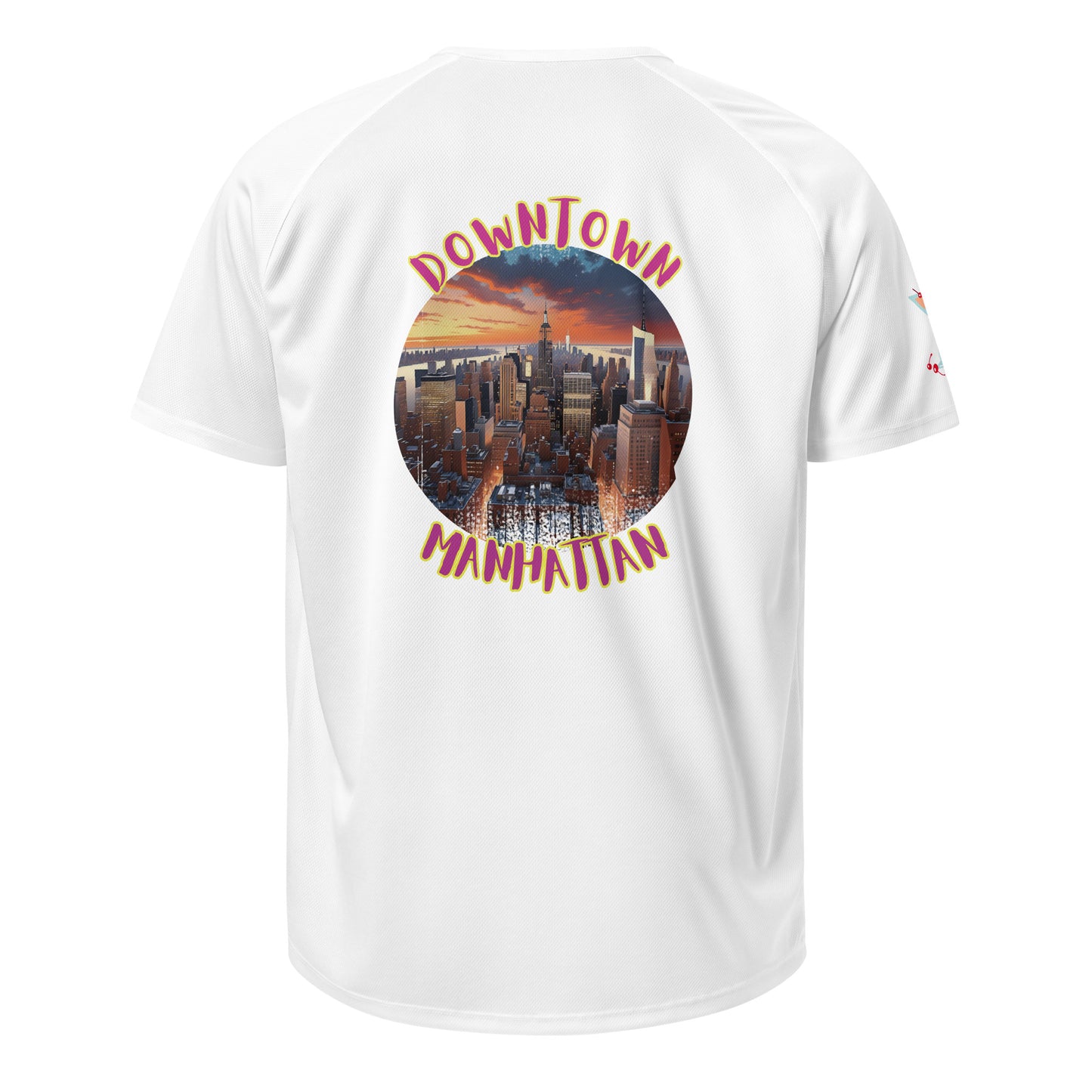 White sports jersey, back view with “Downtown Manhattan” city graphic