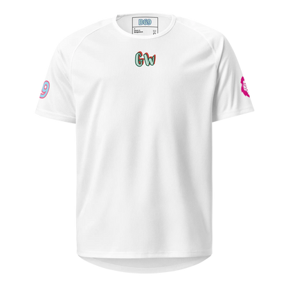 White unisex sports jersey, front with multicolor logo at chest