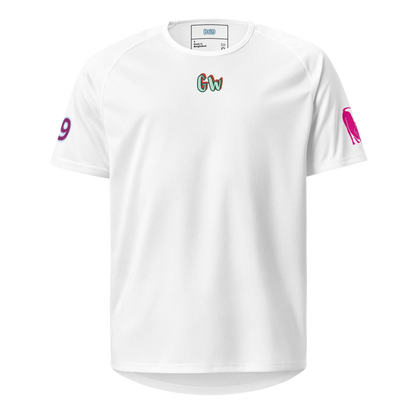 White unisex sports jersey with “Gw” logo on the chest