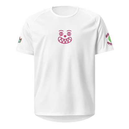 Unisex sports jersey, white front with red face-like graphic at chest