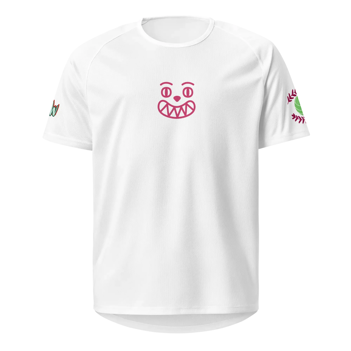 Unisex sports jersey, white front with red face-like graphic at chest