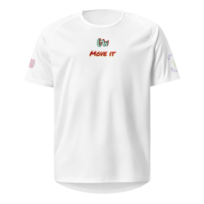 White unisex sports jersey with crew neck and MOVE IT chest logo