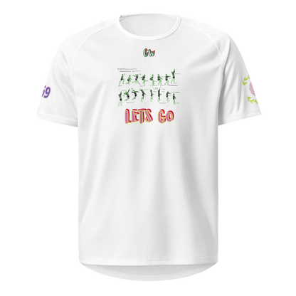 White unisex sports jersey: front “LET’S GO” athletes graphic