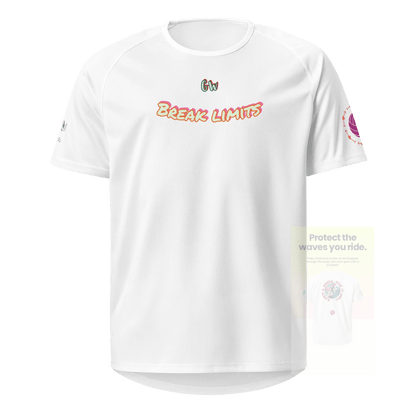 White unisex sports jersey with “Break Limits” front text and small chest logo