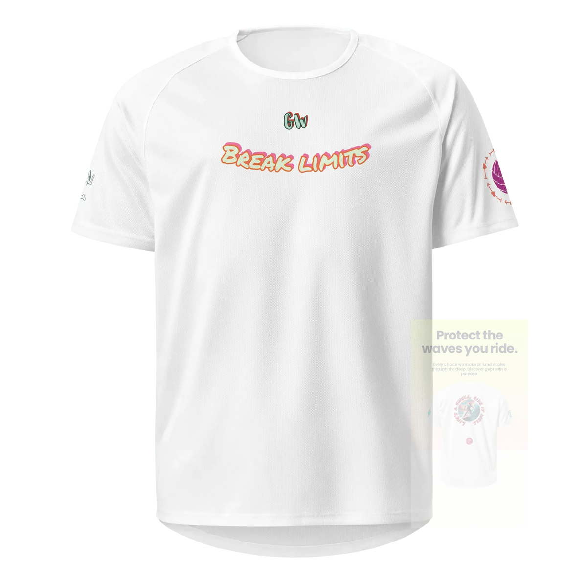 White unisex sports jersey with “Break Limits” front text and small chest logo