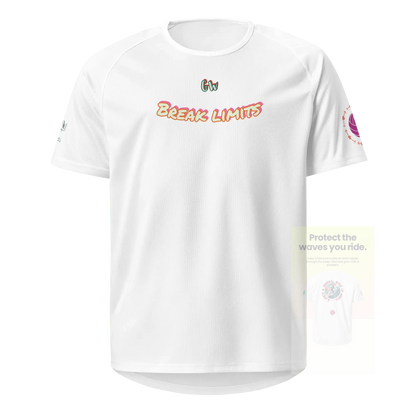 White unisex sports jersey with “Break Limits” front text and small chest logo