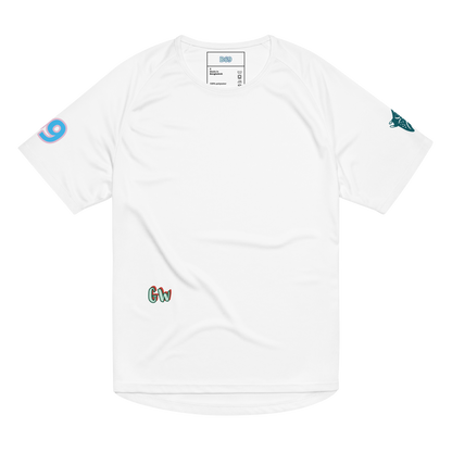 Unisex sports jersey, white with small side logos and 'Gw' chest detail