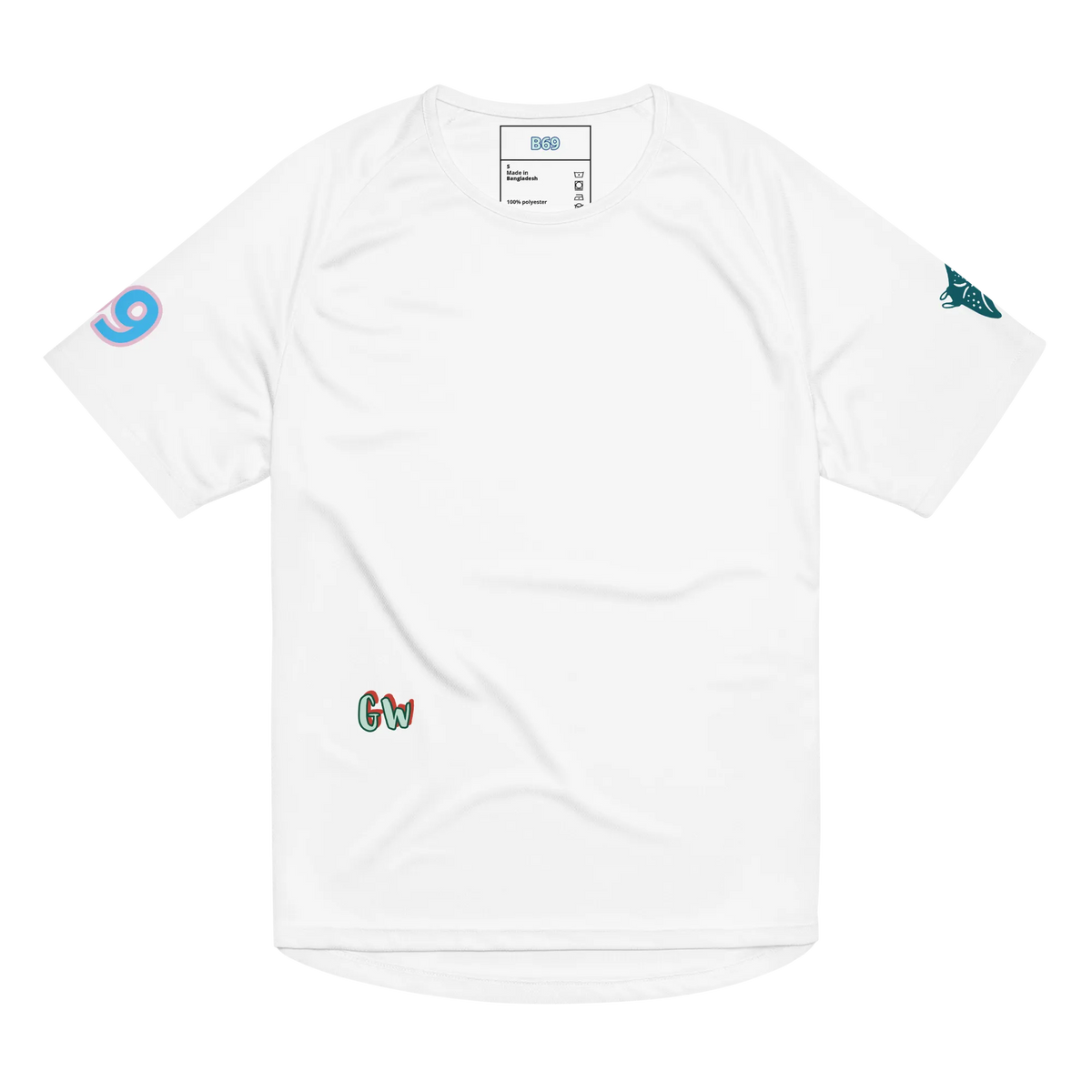Unisex sports jersey, white with small side logos and 'Gw' chest detail
