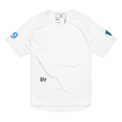 Unisex sports jersey, white with small side logos and 'Gw' chest detail