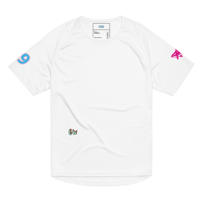 Scuba02 unisex sports jersey in white, front view with small side logos