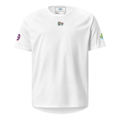 White unisex sports jersey with 'Gw' crest on chest, short sleeves