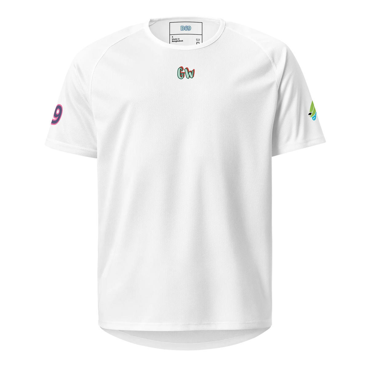 White unisex sports jersey with 'Gw' crest on chest, short sleeves