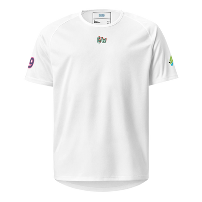 White unisex sports jersey with 'Gw' crest on chest, short sleeves