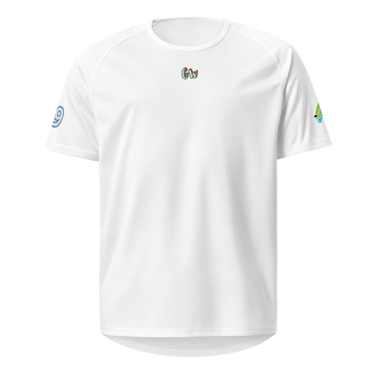 White sports jersey with "Gw" logo on chest and round crew neck