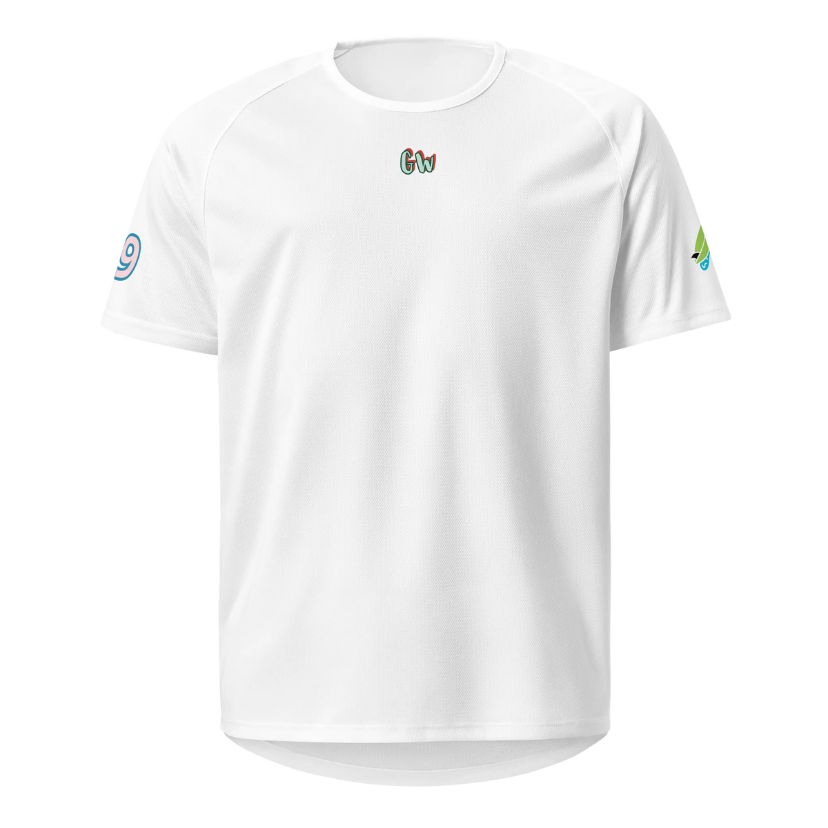 White sports jersey with "Gw" logo on chest and round crew neck