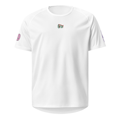 White unisex sports jersey, short sleeves, small chest logo