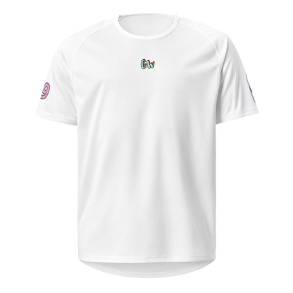 White unisex sports jersey, short sleeves, small chest logo