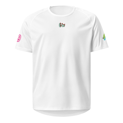 Weißes Sporttrikot mit „Gw“-Logo vorn, Ärmel-Designs, kurze Ärmel