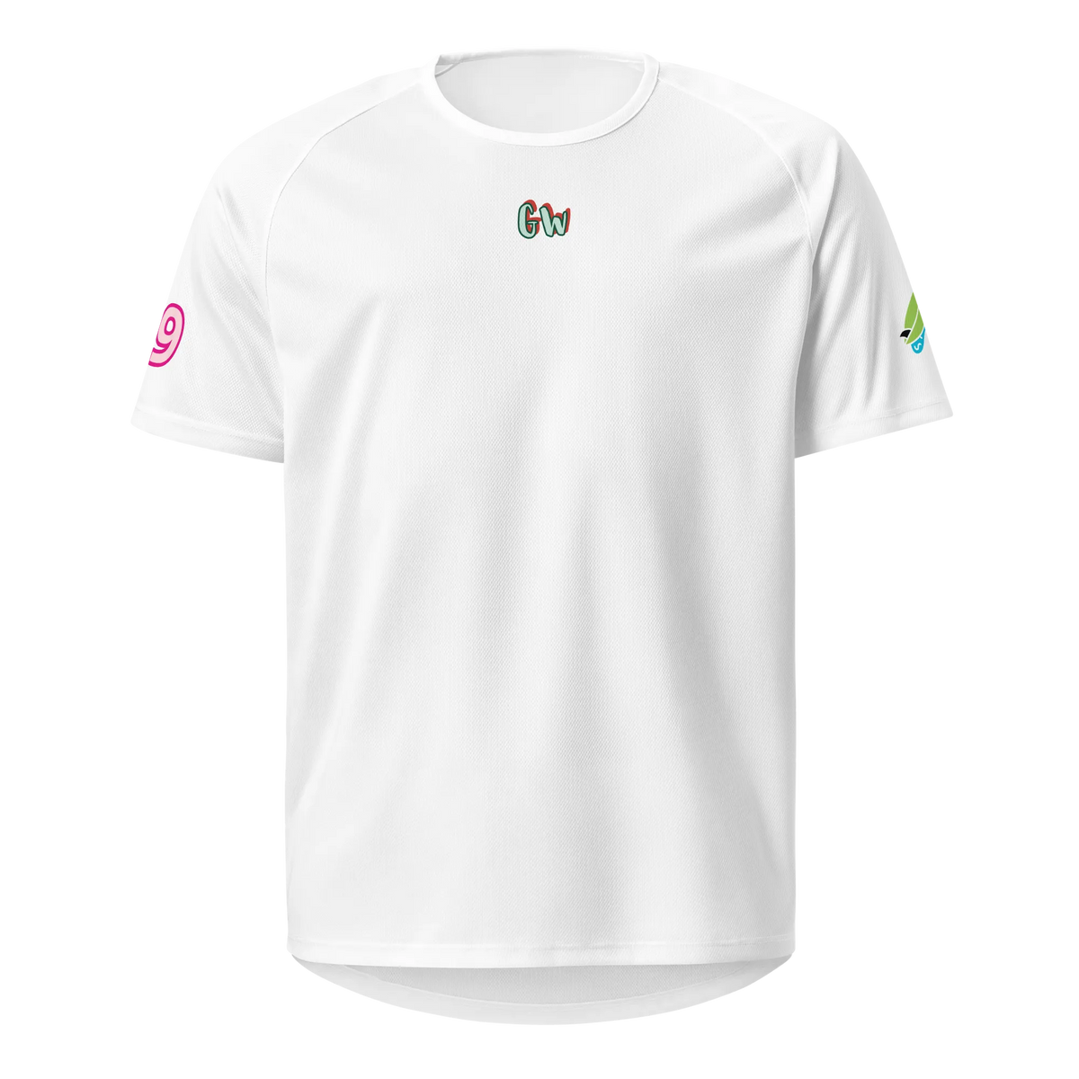 Weißes Sporttrikot mit „Gw“-Logo vorn, Ärmel-Designs, kurze Ärmel