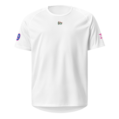 White sports jersey, short sleeves, small chest logo, crew neck