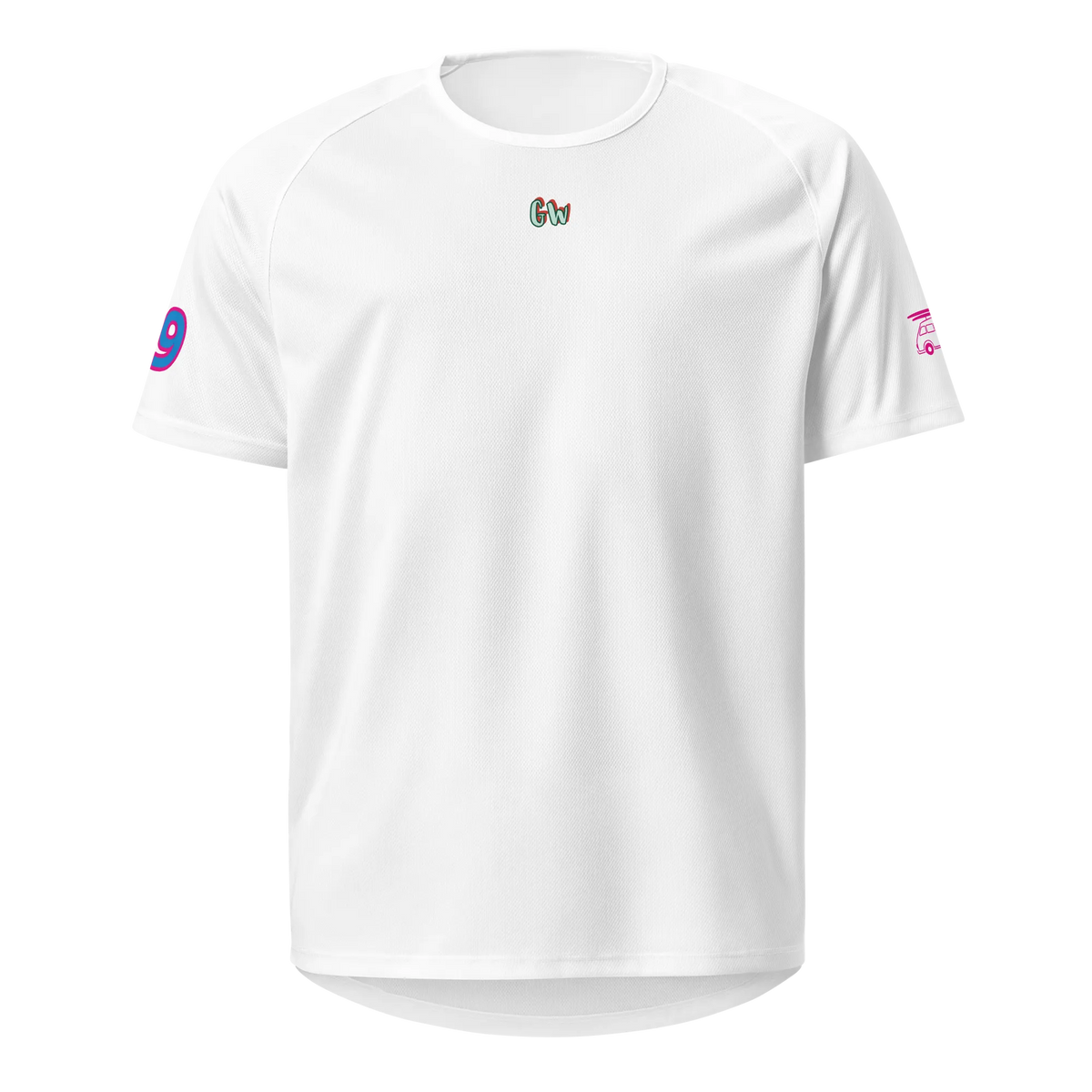 White sports jersey, short sleeves, small chest logo, crew neck
