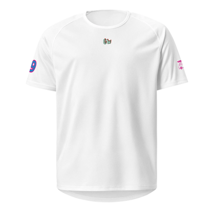 White sports jersey, short sleeves, small chest logo, crew neck