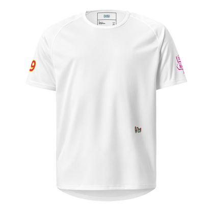 White unisex sports jersey front, sleeve logo and small chest mark