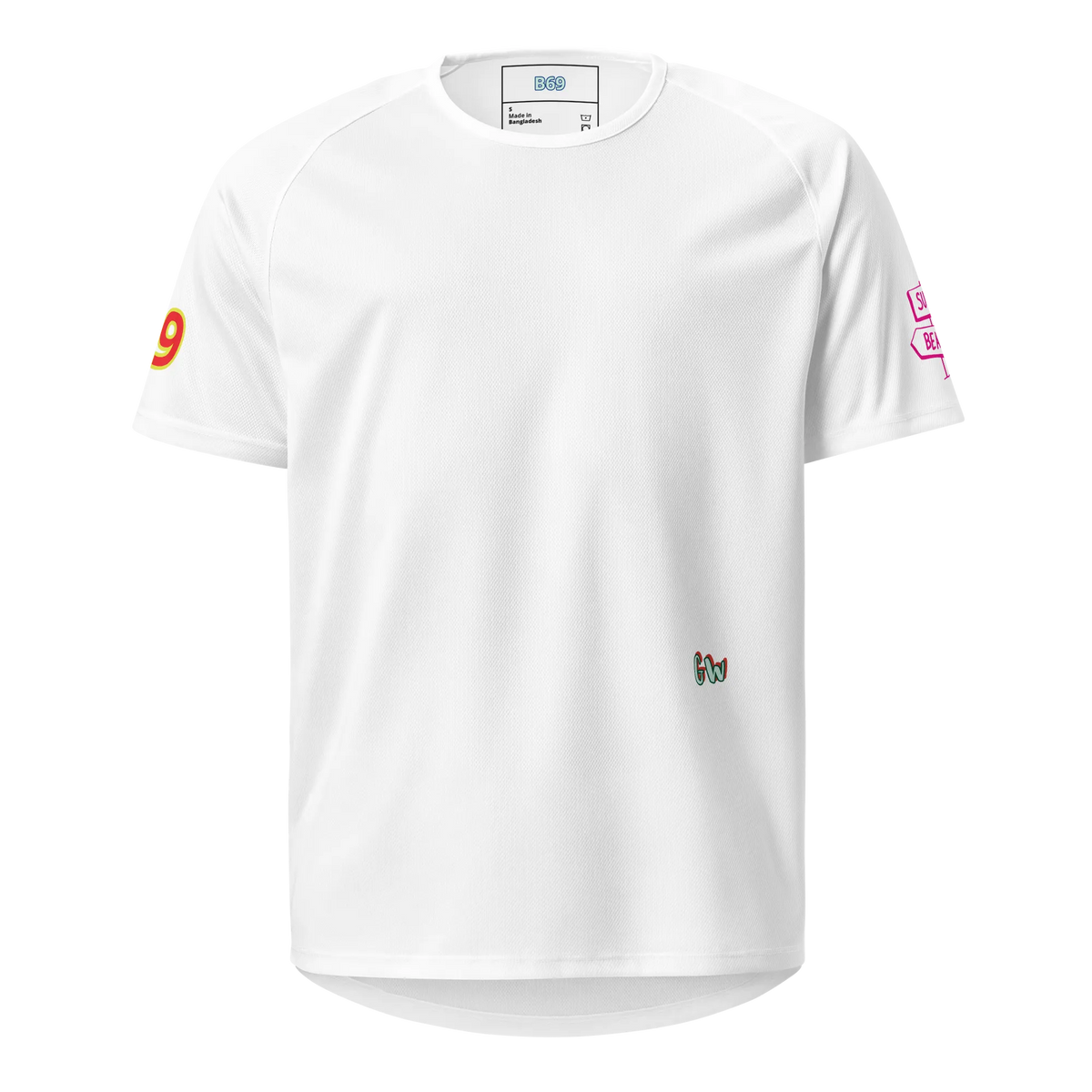 White unisex sports jersey front, sleeve logo and small chest mark