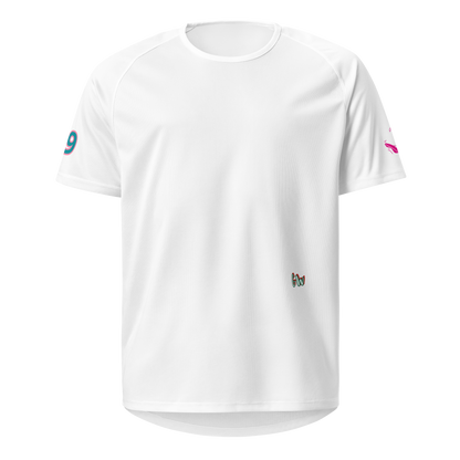 White sports jersey, short sleeves, round neck, small chest 'Gw' logo