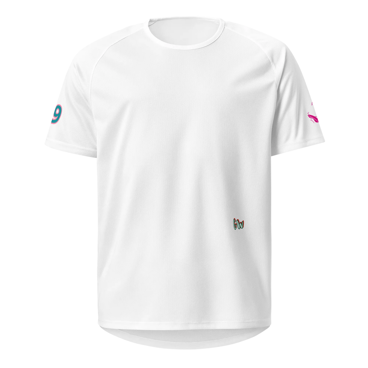 White sports jersey, short sleeves, round neck, small chest 'Gw' logo