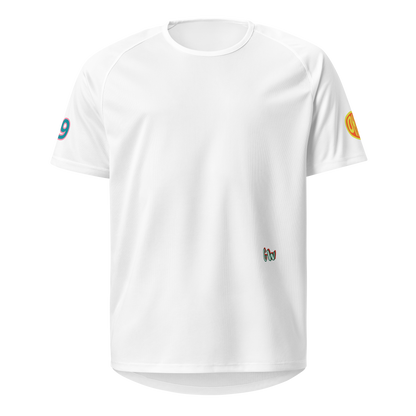 White sports jersey front with multicolor logo patches and small “Gw” emblem