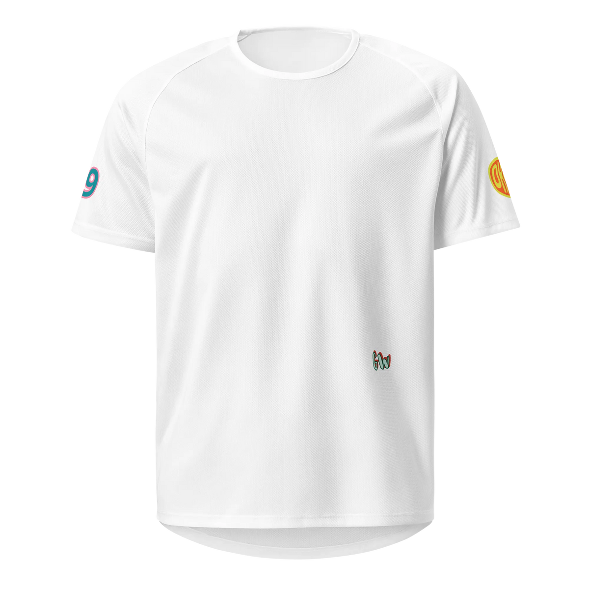 White sports jersey front with multicolor logo patches and small “Gw” emblem