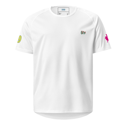 White unisex sports jersey with short sleeves and crew neck, front “Gw” logo