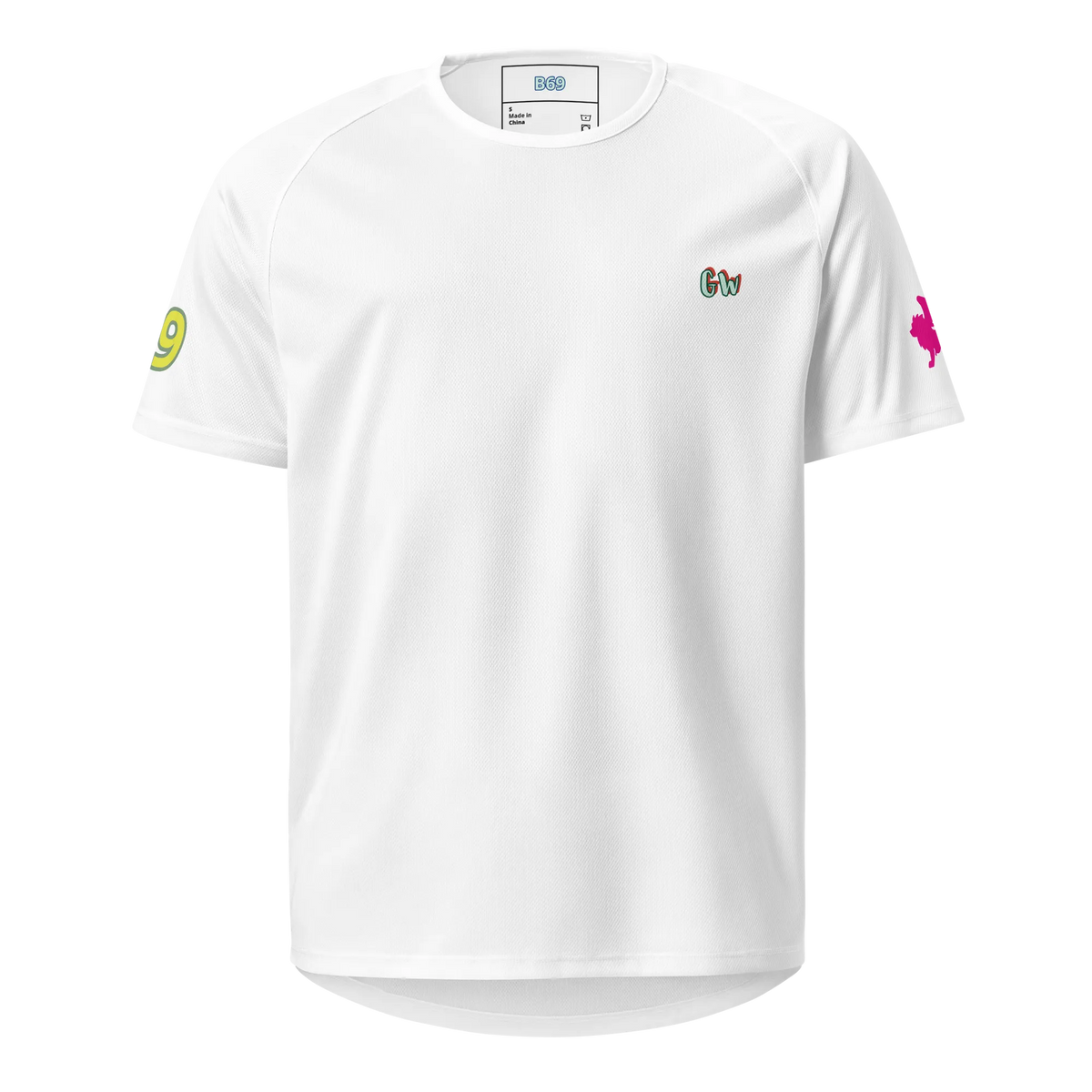 White unisex sports jersey with short sleeves and crew neck, front “Gw” logo