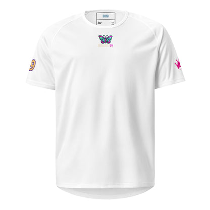 White sports jersey T-shirt with butterfly 'B69' logo and neck label