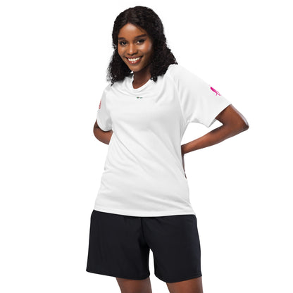 White unisex sports jersey T-shirt, small chest logo and pink sleeve detail.