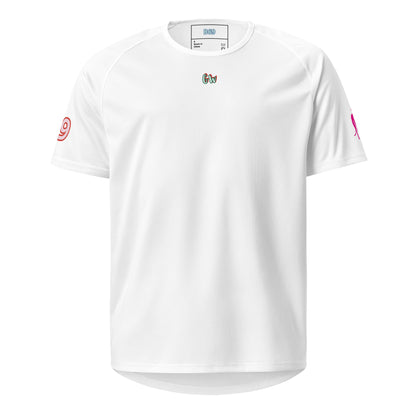 Unisex sports jersey, white, front view with “Gw” logo and neck label