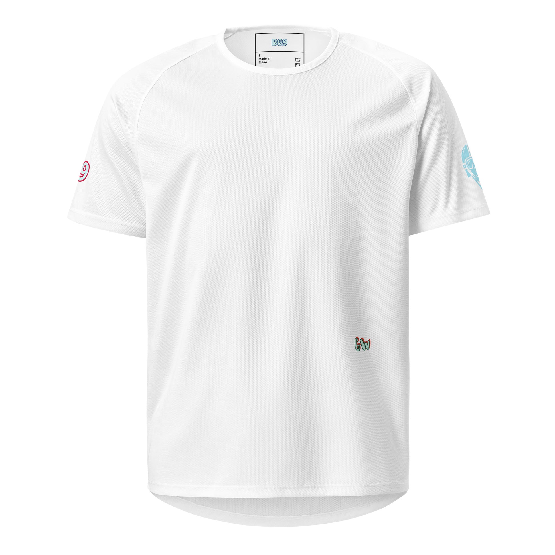 Scrambler#2 T-shirt (White) with small “cw” logo and blue sleeve mark