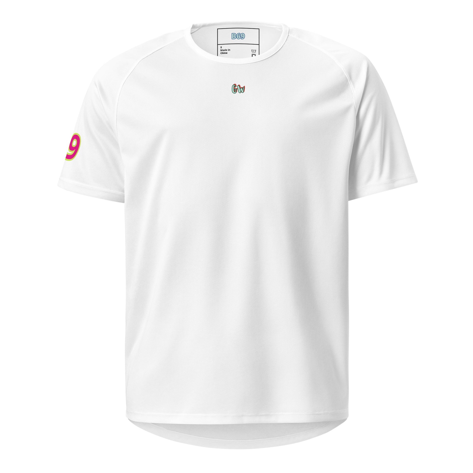 AW Monaco sports jersey in white, front with small “Gw” logo and “9” sleeve print.