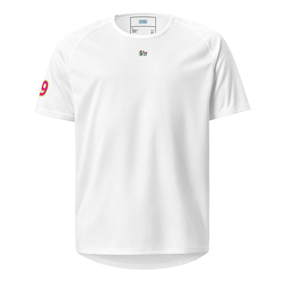AW Monaco sports jersey in white, front with small “Gw” logo and “9” sleeve print.