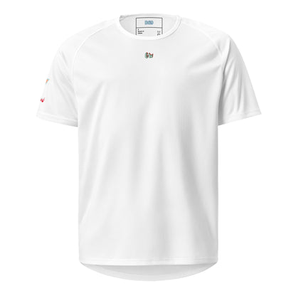 White sports jersey, front with small chest logo and textured knit look