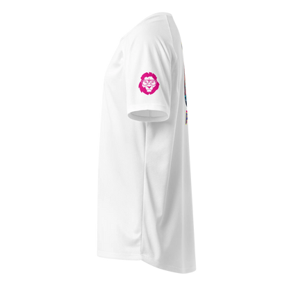 White unisex sports jersey, side view with pink head logo on sleeve