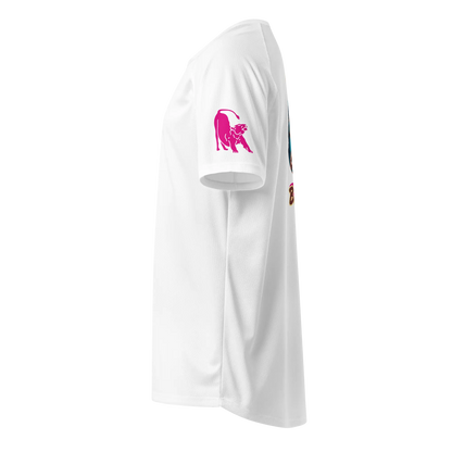 White unisex sports jersey with pink bull graphic on the sleeve