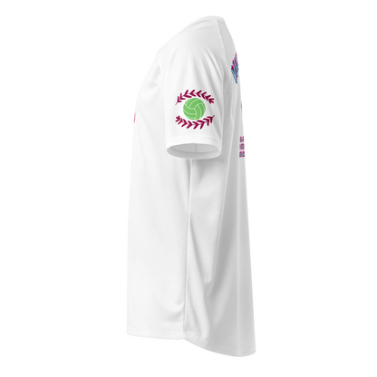 Unisex sports jersey, white side view with green-and-red laurel-ball emblem